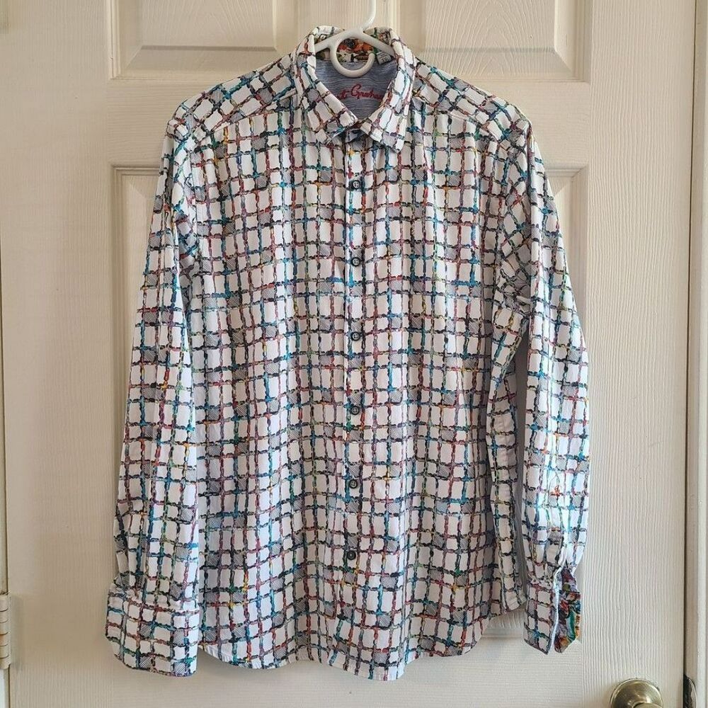 Robert Graham White Button-Down Shirt with Multicolor Grid Size XL CLassic Fit